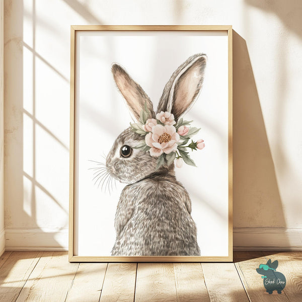 Floral Bunny Wall Art, Cute Rabbit Art Print, Animal Nursery Decor, Woodland Bunny, Floral Animal Wall Art, Rabbit Art for Baby Room