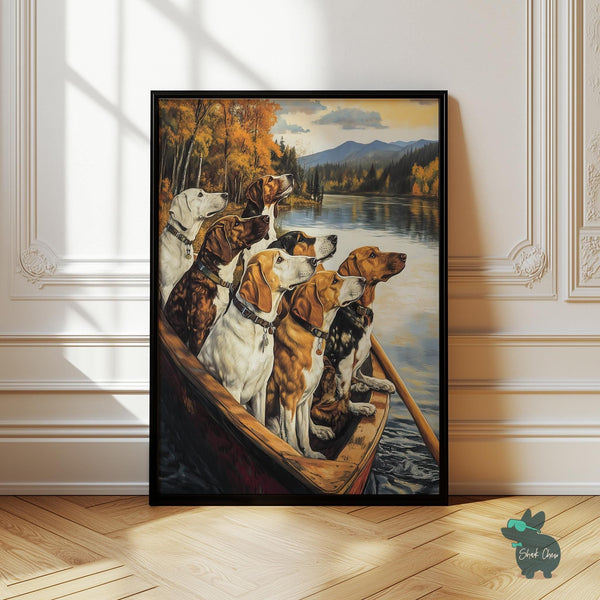 Dogs in Boat Wall Art, Autumn Dog Portrait Print, Rustic Animal Decor, Nature Dog Painting, Fall-Themed Animal Wall Art, Printed Dog Art