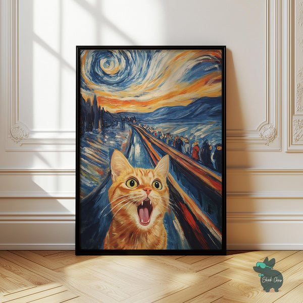 Funny Cat Wall Art, Scream Parody Cat Print, Whimsical Animal Art, Cat Scream Painting, Unique Cat Portrait for Living Room, Van Gogh Style