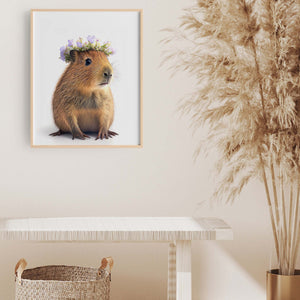 Baby Capybara Art Print, Capybara Floral Crown Wall Art, Housewarming Gift, Woodland Nursery Art, Front Door Decor, Gifts For Kids