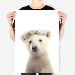 Baby Polar Bear Wall Art, Floral Crown Polar Bear Art Print, Kids Room Decor, Minimal Nursery Wall Art, Baby Animal Illustration Wall Decor