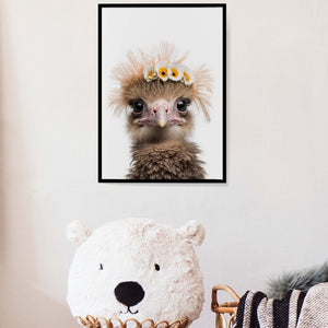 Baby Ostrich Floral Crown Wall Art, Ostrich Hatchling Art Print, Safari Nursery Décor, Bedroom Wall Art, Zoo Animals Print, New Mom Gift