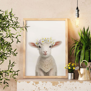 Baby Sheep Floral Crown Wall Art, Sheep Lamb Art Print, Baby Farm Animals, Nursery Décor, Gift For Her, Minimalist Wall Art, New Home Gift