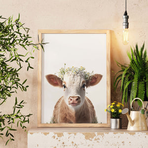 Baby Cow Art Print, Calf Floral Crown Wall Art, Baby Farm Animals Art Print, Woodland Baby Shower, Housewarming Gift, Gift For New Mom