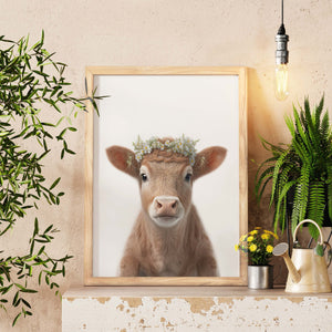 Baby Cow Art Print, Cow Floral Crown Wall Art, farmhouse decor, Baby shower decor, living room wall art, Baby girl gift, new home gift