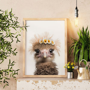 Baby Ostrich Floral Crown Wall Art, Ostrich Hatchling Art Print, Safari Nursery Décor, Bedroom Wall Art, Zoo Animals Print, New Mom Gift