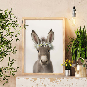 Baby Donkey Floral Crown Print - Adorable Nursery Decor, Perfect Baby Shower Gift, Farm Animal Artwork Decor, Minimal Wall Art